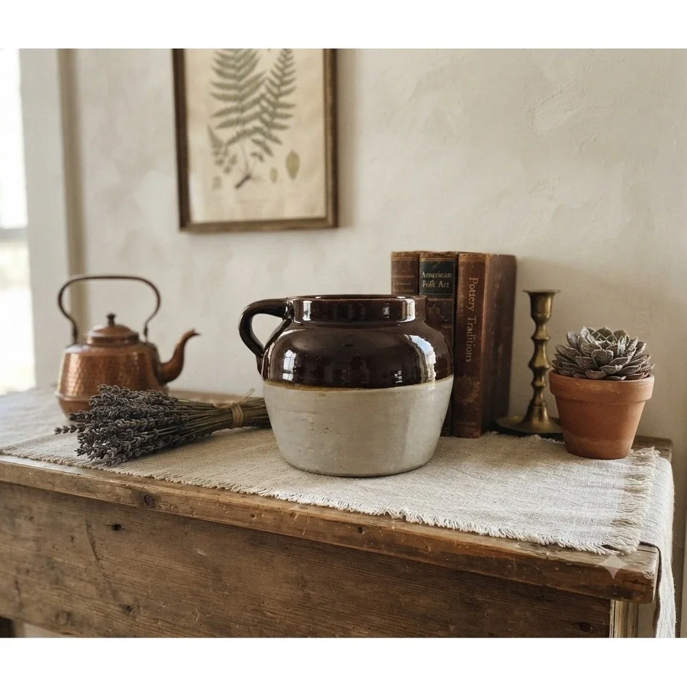 Vintage 2 Tone Stoneware Bean Pot Brown Cream Crock Star Mark 2 Farmhouse Decor